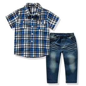 FERENYI US Kids Clothing Boys Casual Short Sleeved Plaid Shirt and Denim Jeans Sets Blue 6T(130)