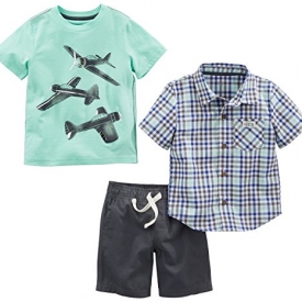 Simple Joys by Carter’s Boys’ Toddler 3-Piece Playwear Set, Mint Airplane/Plaid/Gray, 4T
