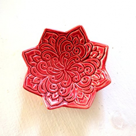 Holiday Red Star Ring Dish – Jewelry Holder, stamped with Boho floral pattern. Handmade trinket dish