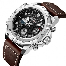 Tamlee Mens Sport Watch Digital Analog Waterproof Multifunctional Military Brown Leather Wrist Watches