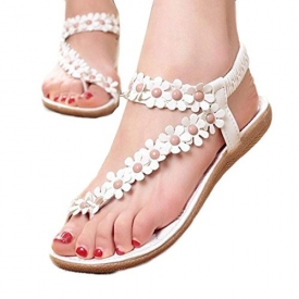 TOOPOOT Women’s Sweet Summer Bohemia Beaded Sandals Clip Toe Flat Sandals (10, white)