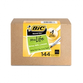 BIC GSM144AZ-BLK  Round Stic Xtra Life Ball Point Stick Pen, Medium Point, 1.0 mm Black Ink, 144-Count