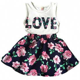 Jastore Girls Letter Love Flower Clothing Sets Top+Short Skirt Kids Clothes (6-7T)