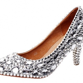 Jiandick Womens Rhinestone Pointed Toe Kitten Heel Evening Wedding Prom Dress Pumps