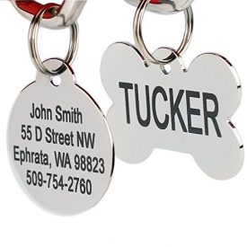 Stainless Steel Pet Id Tags, Personalized Dog Tags & Cat Tags. Up to 8 Lines of Text – Engraved Front & Back. Bone, Round, Heart, Flower, Shield, House, Star, Rectangle, & Bow Tie.