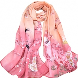 Aven Women Classic Chinese Style Painting Birds/Flowers Chiffon Long Scarf Shawl Wrap Color Pink