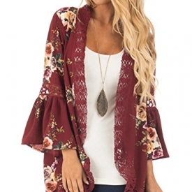 Halife Women’s Summer Lace Pleated Floral Printed Kimono Cardigan Coat Wine Red,XXL