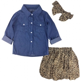 Jastore 3PCS Baby Girls Clothing Set Summer Toddler Kids Denim Tops+Leopard Skirt Outfits (12-18 Months, Leopard)