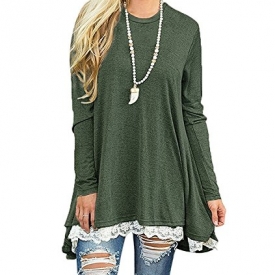 BELAMOR Long Sleeve Lace Scoop Neck Aline Flowy Tuncis Dresses For Women Army Green,L