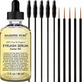 Majestic Pure Castor Oil Eyelash Serum, Pure and Organic, Promotes Natural Eyebrows & Eyelash Growth, Free Set of Mascara Brush and Eyeliner Applicator – 1 fl oz