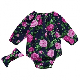 HOT SALE!!0-24 Monthes Old Toddler Baby Floral Romper,Baby Girls Long Sleeve Outfit Clothes Headband Jumpsuit (6M, Navy)