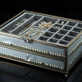 PuTwo Jewelry Boxes 22 Sections Metal Glass Jewelry Organizer Velvet Jewelry Tray Jewelry Box with Free Decorative Pearls