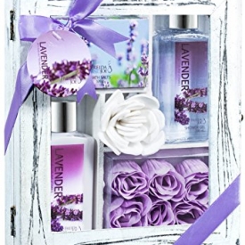 Lavender Spa Bath Gift Set in Distress White Wood Curio