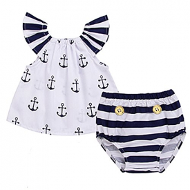 Infant Baby Girls Off Should Anchor Tops+Striped Briefs Outfits Set Sunsuit Clothes (12-24M, White&Navy Blue)