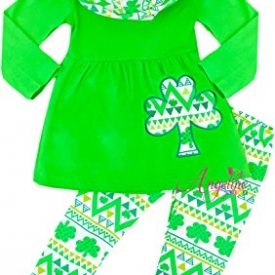 Angeline Girls ST Patrick’s Day Green Aztec Shamrock Clover Embroidery Tunic Scarf Set 6X