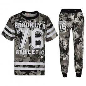 Boys Top Kids Designer Brooklyn 76 Camouflage T Shirt Tops & Trouser Set 7-13 Yr