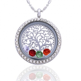 Family Tree of Life Birthstone Necklace Jewelry – Gifts for Mom Floating Charm Living Memory Lockets Pendant