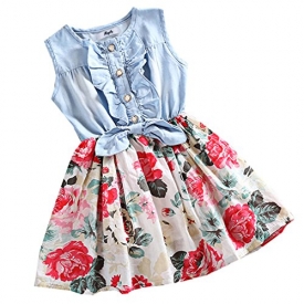 MingAo Little Girls Denim Floral Print Sleeveless Skirt Dresses 2-3 Years