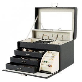 HollyHOME Jewelry Box Girls Jewelry Organizer Storage Case with Mirror Pu Leather Black