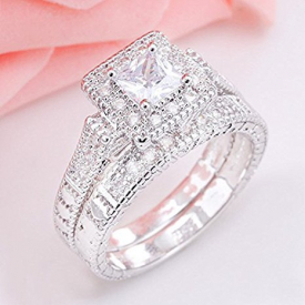 Fashion Women 925 Silver Princess Cut White Topaz Ring Set Wedding Band Jewelry (6)