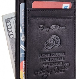 NapaWalli Wife To Husband Gift Best Anniversary Birthday Gifts For Him Genuine Leather RFID Blocking slim Wallet Card Holder (Hunter Black W/ Embossed Logo)
