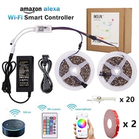 RGB LED Strip Light, BEILAI Wifi Wireless Smart Phone Controlled Light Strip Kit 5050 32.8ft 10M 30led/m 12V LED Light Flexible Neon Tape with 24Key Remote, Working with Android and IOS System,Alexa