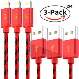 iPhone Charger, GCT Lightning Cable 3-PACK 6.6 FT Apple Certified iPhone 7 iPhone 6 Charger Cable Cord iPad Charger for Apple iPhone X,8,8 Plus,7,7 Plus, 6 6S series,iPad,iPod -Braided Red