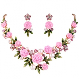EVER FAITH Women’s Crystal Simulated Pearl Pink Rose Flower Leaf Necklace Pierced Earrings Set Gold-Tone