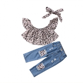 Imcute 2017 Baby Girls Off Shoulder Polka Dot Top+Destroyed Ripped Jeans+Headband Clothes Outfit Set (1-2 Years, C)