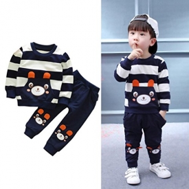 Vovotrade Autumn Winter Outfits Kids Baby Girl Boy Clothes Set Striped Bear Tops+Pants (3T, Navy)