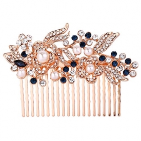 EVER FAITH Austrian Crystal Cream Simulated Pearl Flower Leaf Vine Hair Comb Blue Rose Gold-Tone