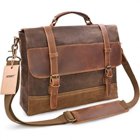NEWHEY Mens Messenger Bag Waterproof Canvas Leather Computer Laptop Bag 15.6 Inch Briefcase Case Vintage Retro Waxed Canvas Genuine Leather Large Satchel Shoulder Bag College Brown