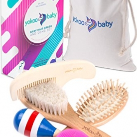 6 Piece Premium Quality Wooden Baby Hair Brush and Comb Set Made with Natural Goat Hair by Yokoo Baby | Bonus Free Travel Bag + Baby Silicone Bath Brush + Baby Rattle Toy | Prevents Cradle Cap