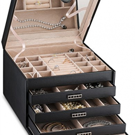 Glenor Co Large Jewelry Box Organizer – 42 Slot Classic Holder Boxes w Modern Closure, Drawer, Big Mirror & 4 Trays for Women – Storage Case for Earring Ring Necklace Bracelet Watch -PU Leather- Black