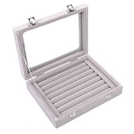 Ivosmart 7 Slots Velvet Glass Ring Jewellery Display Storage Box Tray Case Holder Earring Organizer Stand Grey