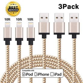 Cablex iPhone Charger 3Pack 10FT Nylon Braided Lightning Cable Extra Long Charging Cord for iPhone X 8 8Plus 7 7Plus 6s 6sPlus 6 6Plus SE 5 5s 5c iPad iPod & More (Gold)