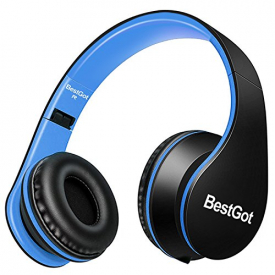 [Upgraded Version] BestGot Over Ear Kids Headphones for Kids Boys Adult with microphone In-line Volume, Included Cloth Bag , Foldable Headset with 3.5mm plug removable cord (Black/Blue)