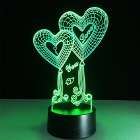 ATD Double Heart Balloon I LOVE YOU 3D Optical Illusion Touch Botton 7 Color Changing LED Night Light Desk Lamp,Romantic Gift for Lover,Wife,Boyfriend or Girlfriend