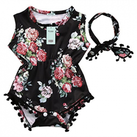 Cute Adorable Floral Romper Baby Girls Sleeveless Tassel Romper One-pieces +Headband Sunsuit Outfit Clothes (0-6 Months, Black)
