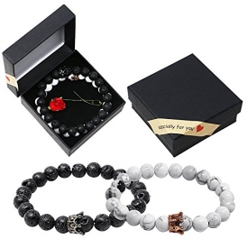 Onshine Couples Bracelets 2 Pack Lava Stone Diffuser Bracelets Stretch Beaded Bracelet Valentine’s Day Gift for Couples