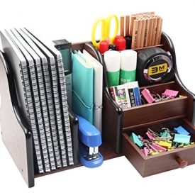 PAG Office Supplies Wood Desk Organizer Book Shelf Pen Holder Accessories Stroage Caddy with Drawer, 7 Compartments, Brown