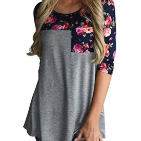 Annflat Women’s Plus Size Round Neck Three Quarter Sleeve Floral Tops Girls Juniors T Shirt Small Grey