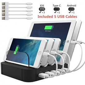 Fast Charging Station and 5 USB Lightning Cables, ANNAN 5-Port USB Phone Charging Stand with Type C, Docking Station Organizer Hub for iPhone, iPad, Apple, Samsung, Kindle,Tablets and Android Device