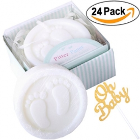 AiXiAng Handmade Pitter Patter Soap Favors Nice Gift Packaging (24 Pack) + OH BABY Gold Cake Topper (1 Pack) for Baby Shower Decorations