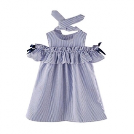 Vovotrade Toddler Kids Baby Girl Outfit Clothes Strapless Stripe Dress+Headband Set (2T, Blue)