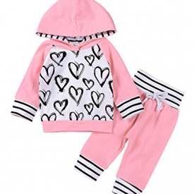 2Pcs Newborn Baby Girls Hand-painting Heart Tops Hoodies Pants Outfits Set, 110 cm (2-3Y, Pink)
