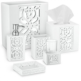 Mirror Janette Bathroom Accessories Set, 6 Piece Bath Set Collection Features Soap Dispenser, Toothbrush Holder, Tumbler, Soap Dish, Tissue Cover, Wastebasket White