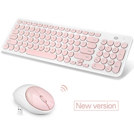 Fashion Wireless Keyboard and Mouse Combo, FD iK6630 2.4GHz Cordless Cute Round Key Smart Power-saving Ultra Slim Combo for Laptop, Computer and Mac (Salmon Pink & White)
