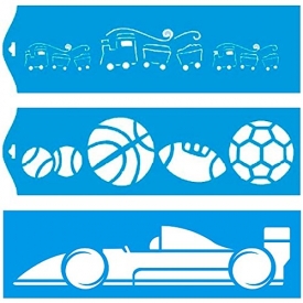 Set of 3 – 11″ x 3.3″ (28cm x 8cm) Reusable Flexible Plastic Stencil for Graphical Design Airbrush Decorating Wall Furniture Fabric Decorations Drawing Drafting Template – Toy Train Football Sport Racing Car