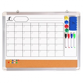 Whiteboard Monthly Wall Calendar Set – Magnetic Planner Dry Erase / Cork Board 24 x 18″ + 1 Magnetic Eraser, 4 Colourful Dry Wipe Markers, 4 Magnets and 10 Pins – Small White Bulletin Board